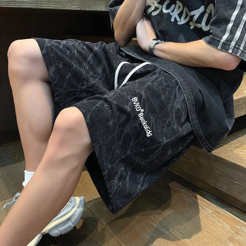 扎染刺绣休闲短裤男夏季运动潮牌宽松潮流百搭男士大码五分裤中裤
