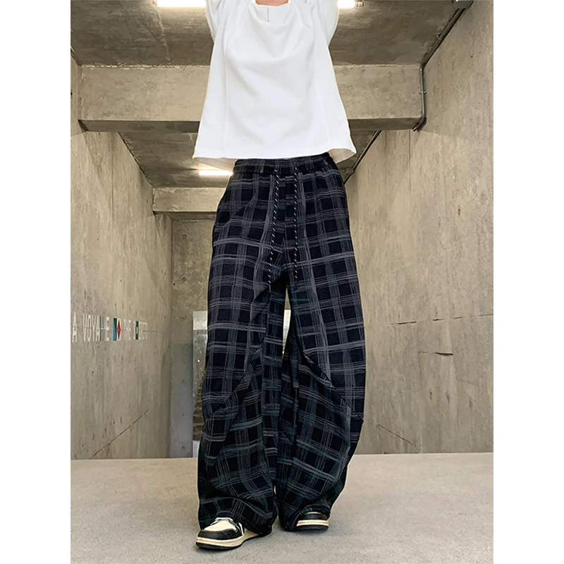 肌理感弯刀格子休闲裤男秋季慵懒风阔腿裤子cleanfit宽松直筒长裤
