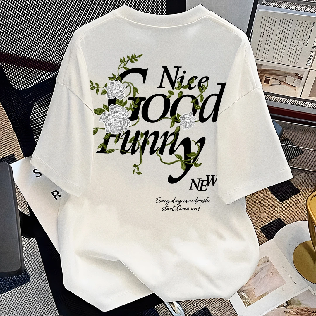 重磅山茶花印花短袖t恤男女夏季宽松情侣上衣圆领半袖潮流休闲ins