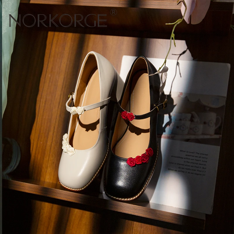 手工玫瑰花圆方头粗高跟玛丽珍