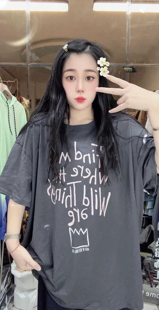 外贸高品质T恤灰色粉字母