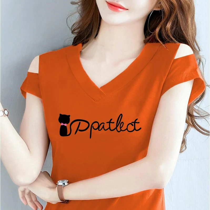 2025新款大码夏装短袖t恤女v领修身绑带显瘦韩版体恤洋气上衣女