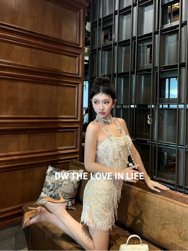 24SS//DW 高定 重工透视亮片珍珠流苏蝴蝶吊带裙