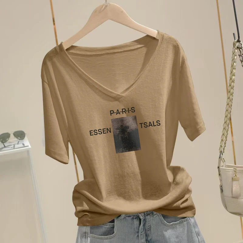 雪花棉V领短袖T恤女夏季2025新款大码宽松显瘦打底衫洋气百搭上衣