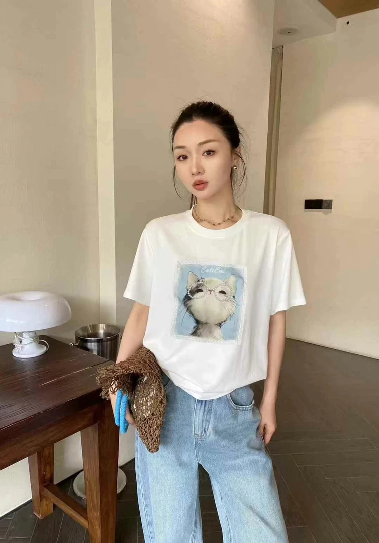 春夏新款韩版百搭衣服重工钉珠立体印花短袖T宽松显瘦上衣女款
