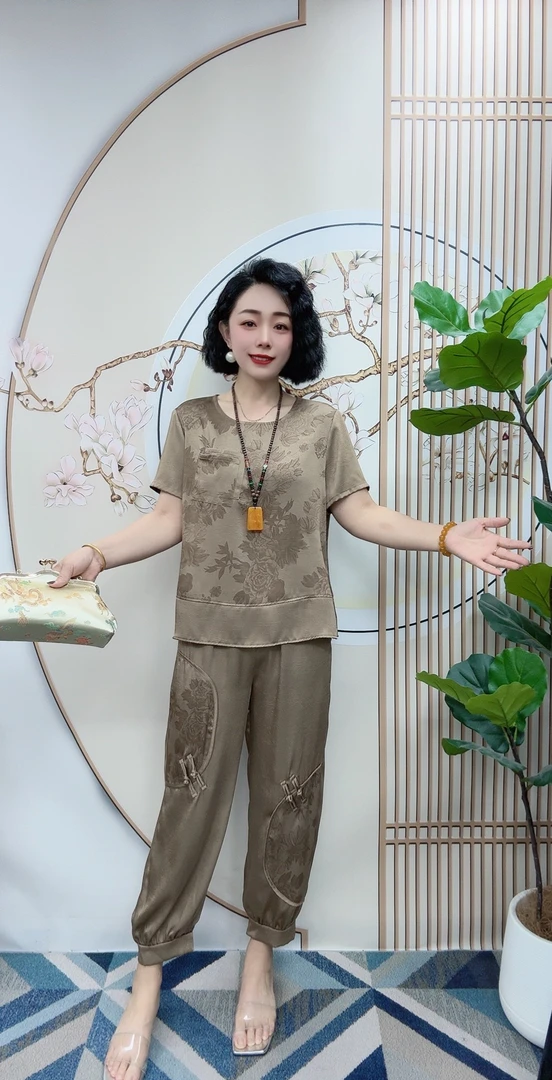 夏季舒适经典气质国风短袖妈妈洋气套装上衣➕裤子