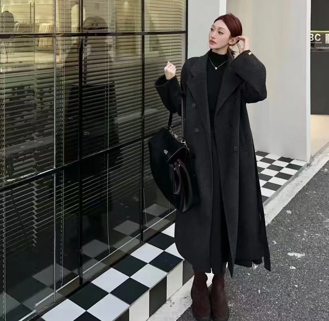 【送围巾】新款双面绒大衣女小个子长款韩版西装领毛呢外套显瘦