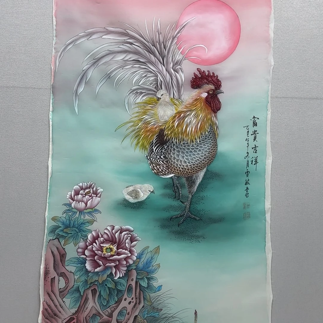 国画绢本工笔四尺大公鸡贾敏