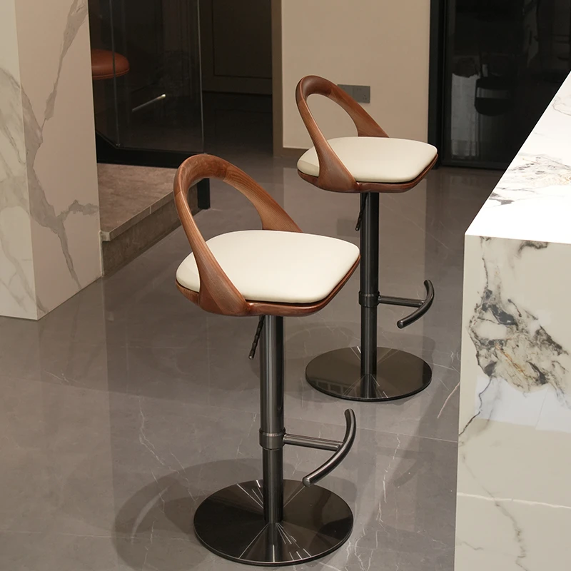 意式极简真皮家用不锈钢升降吧台椅现代轻奢高端别墅实木酒吧椅子