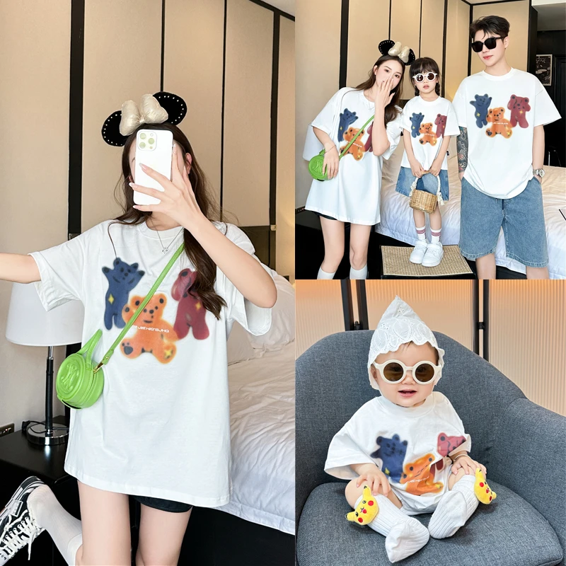 亲子装2025夏装新款三只小熊短袖T儿童婴童爬服连体衣夏季6666