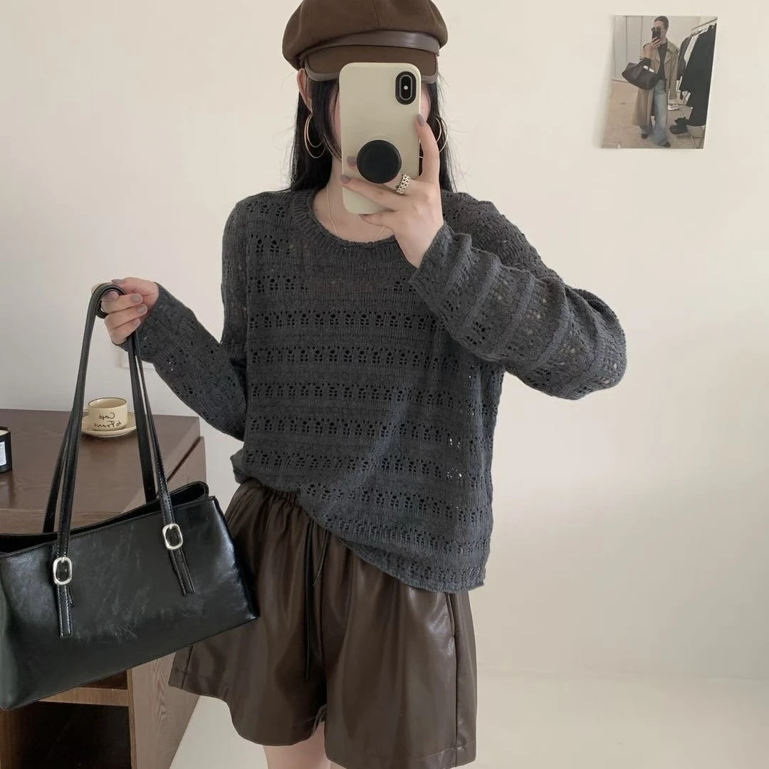苍云  软糯钩花镂空针织衫上衣女秋款宽松慵懒风温柔圆领套头罩衫