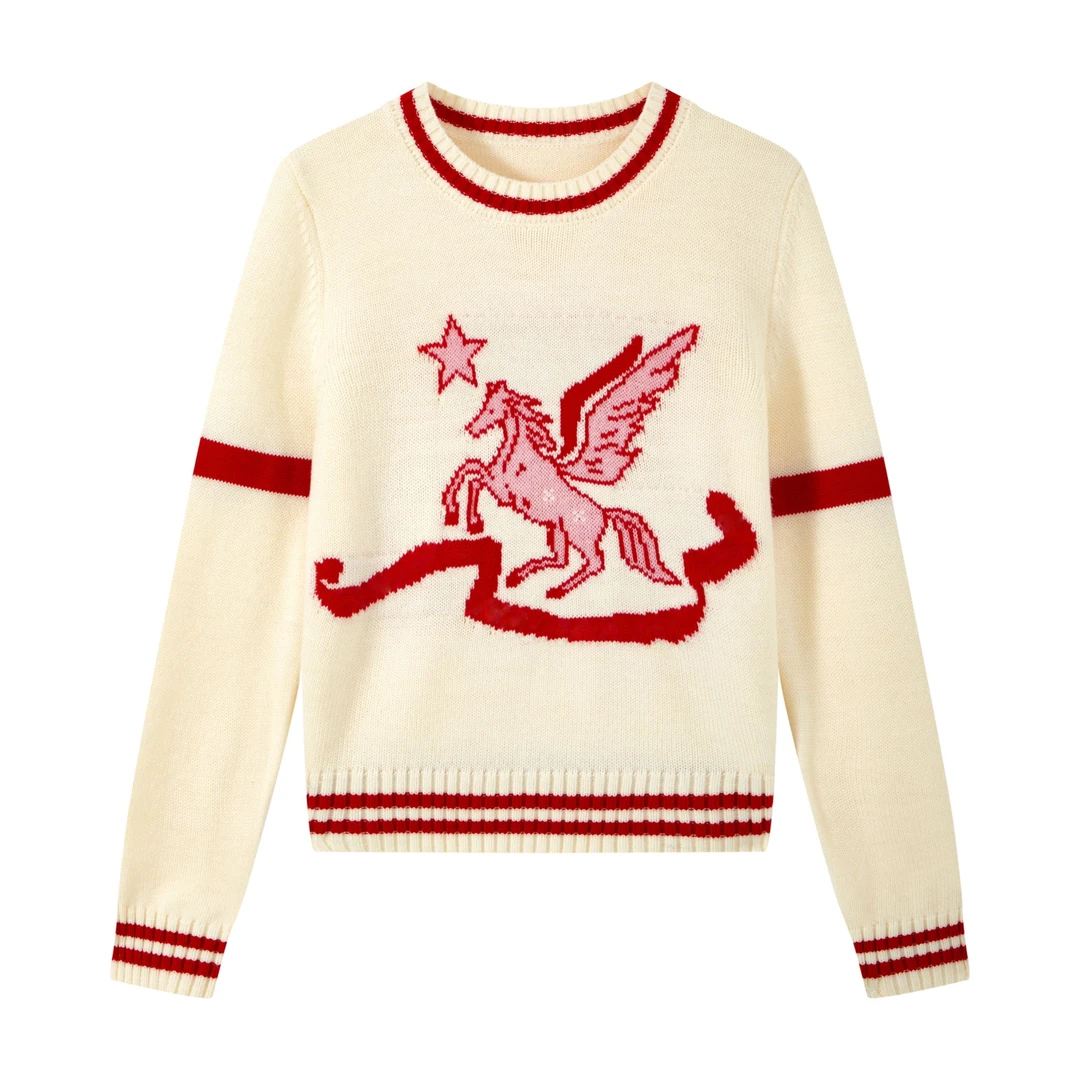 YUNAQIU-羊毛冬彩条小马款重工提花套头针织衫百搭上衣长袖-6623