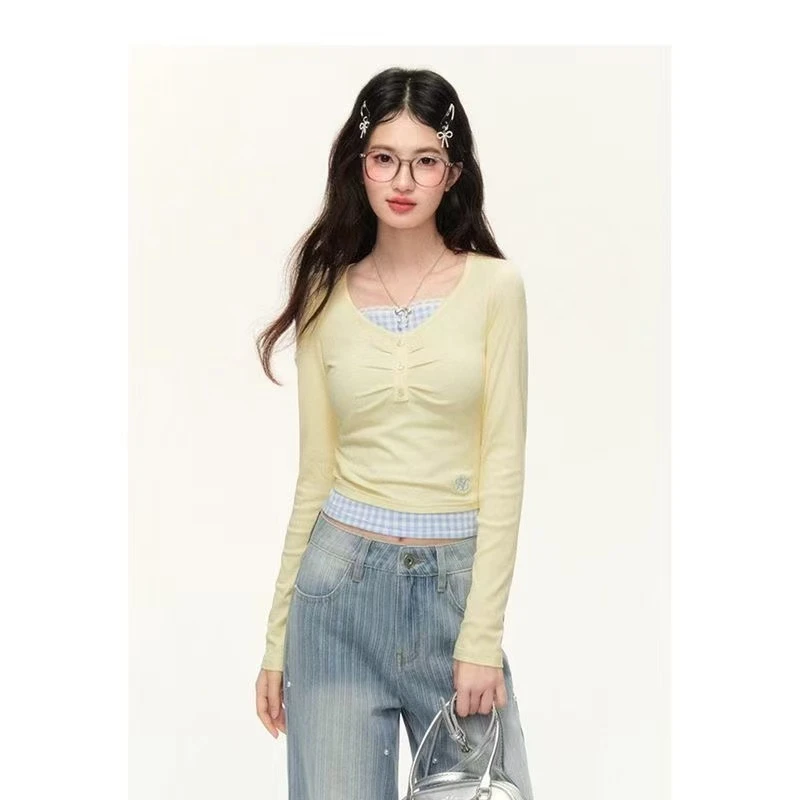 美式辣妹假两件蕾丝花边格子长袖T女修身设计感小众完美国际联名