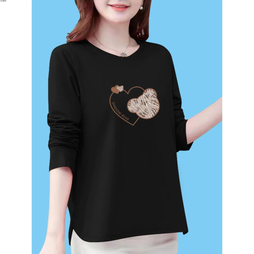 大码宽松黑色纯棉打底衫长袖t恤女秋季新款时尚爱心减龄正肩上衣