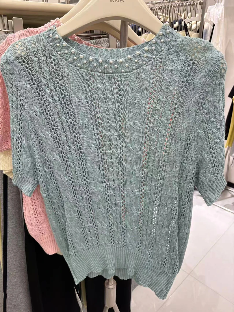 夏季薄款镂空冰丝针织短袖T恤爆款设计感短款上衣【实体】