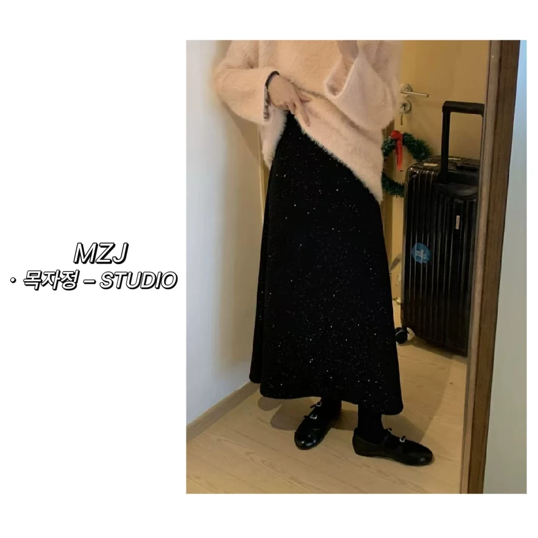 木子静-「璀璨星空」韩系百搭爆闪加绒大裙摆钻钻裙-3034-C