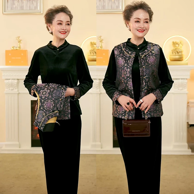 贵气丝绒国风套装遮肉妈妈秋装新款洋气长袖中老年气质二件套宽松