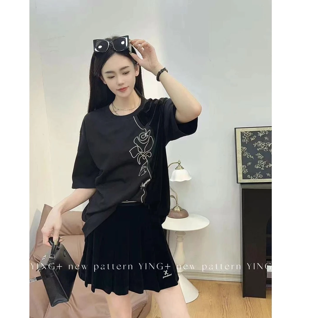 KIKI严选：96020-MT家欧洲南油秋季新款丝绒拼接潮牌大版T恤