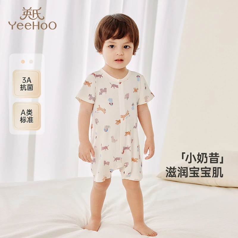 英氏【商场同款】【波普萌宠】婴儿衣服夏季短袖透气儿童婴幼儿连体衣