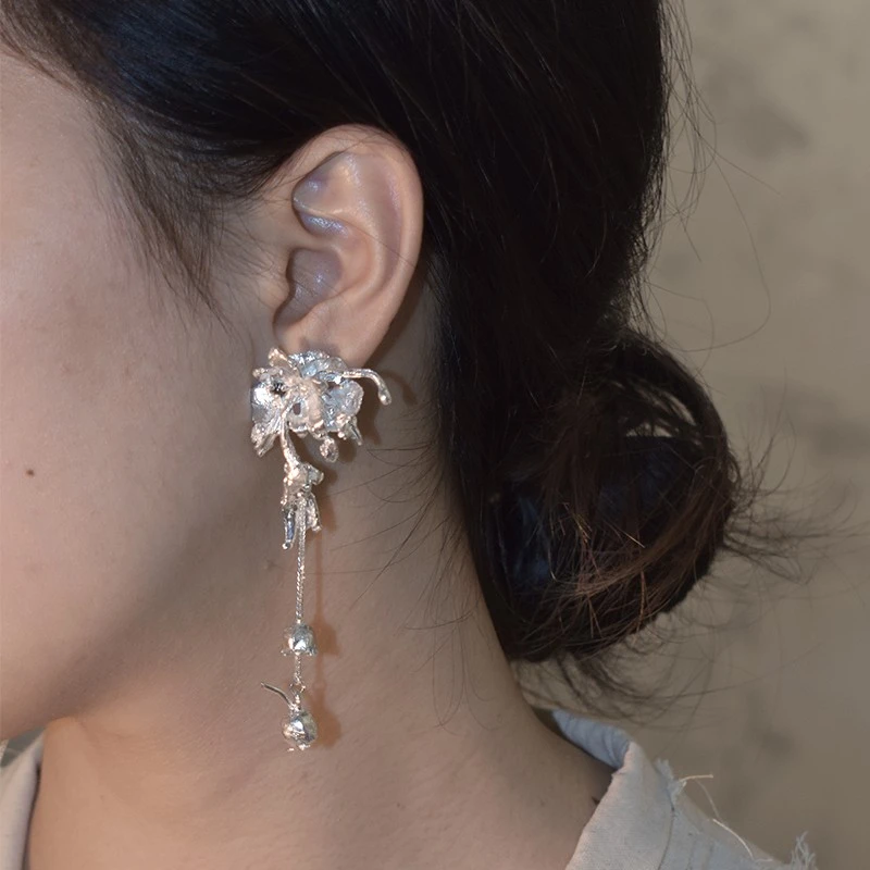 东黑三白 925银耳饰 普陀罗花 s93银原创设计长短流苏小众女耳钉