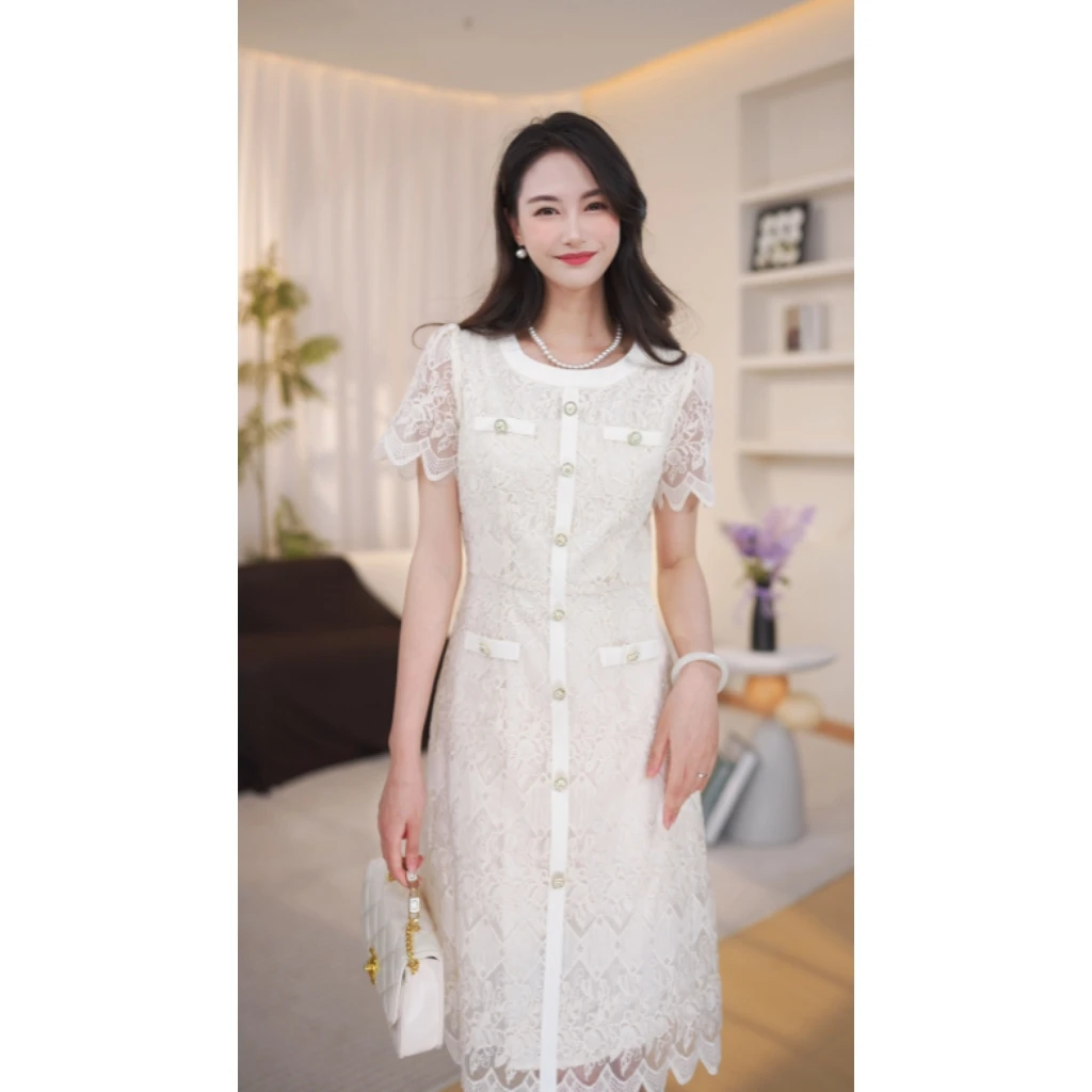 马克华菲女装夏季新款时尚圆领短袖收腰显瘦百搭优雅连衣裙0508-7