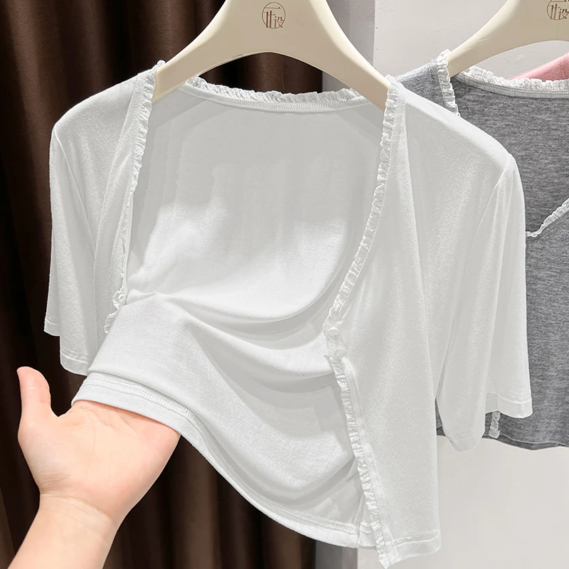 蕾丝花边V领设计感洋气短外套2025新款爆款软糯莫代尔防晒披肩女