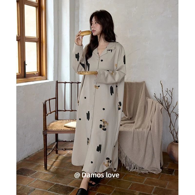 黛梦思睡衣女秋冬款纯棉长袖家居服宽松大码可外穿长款睡裙女