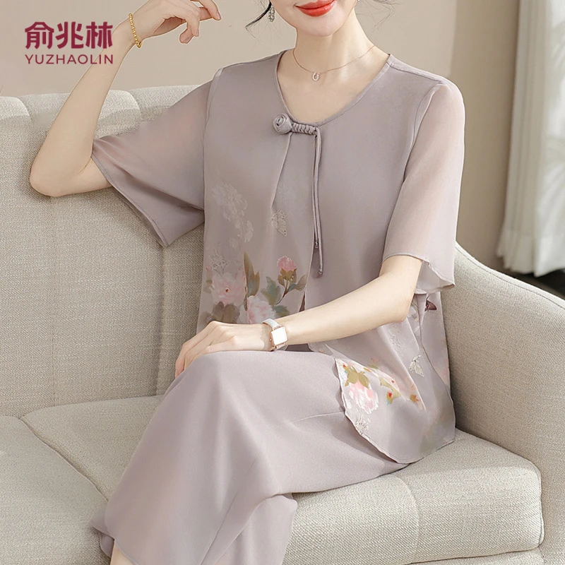 新中式妈妈夏装套装气质雪纺小衫洋气中老年女装夏季短袖T恤上衣