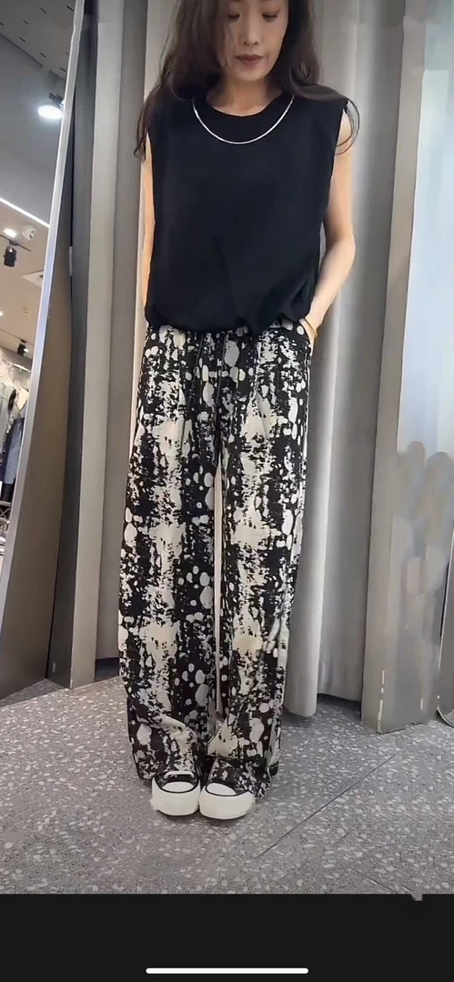 复古泼墨印花阔腿裤女夏季薄款宽松直筒休闲防晒裤