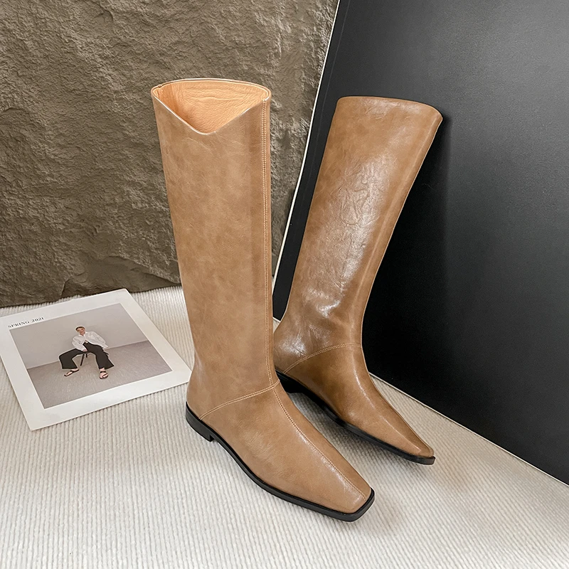 8079/2cm秋冬新款真皮方头粗跟骑士靴大筒围时尚显瘦长靴女