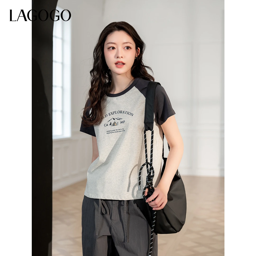 lagogo拉谷谷2025年新款山系运动风插肩袖弹力T恤女OATT351G33