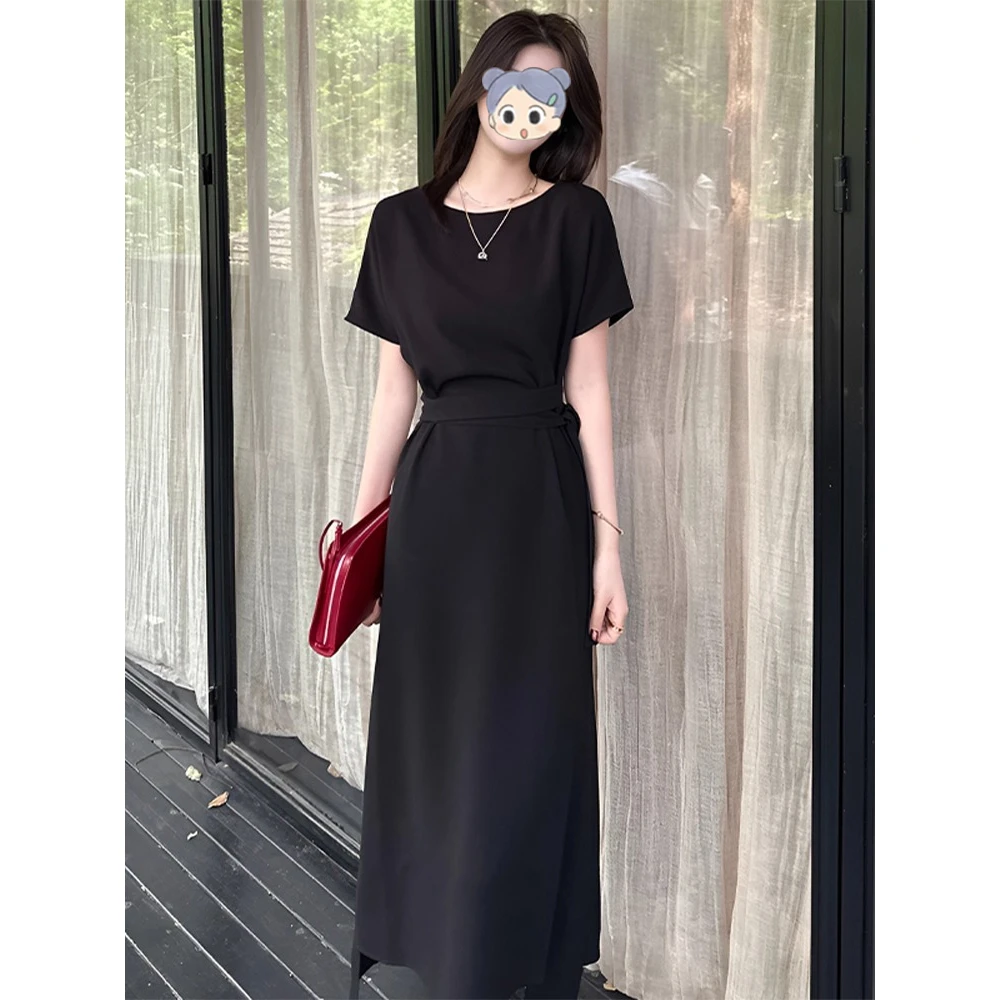 轻奢高级感黑色系带短袖连衣裙女2025新款夏季修身设计感气质长裙