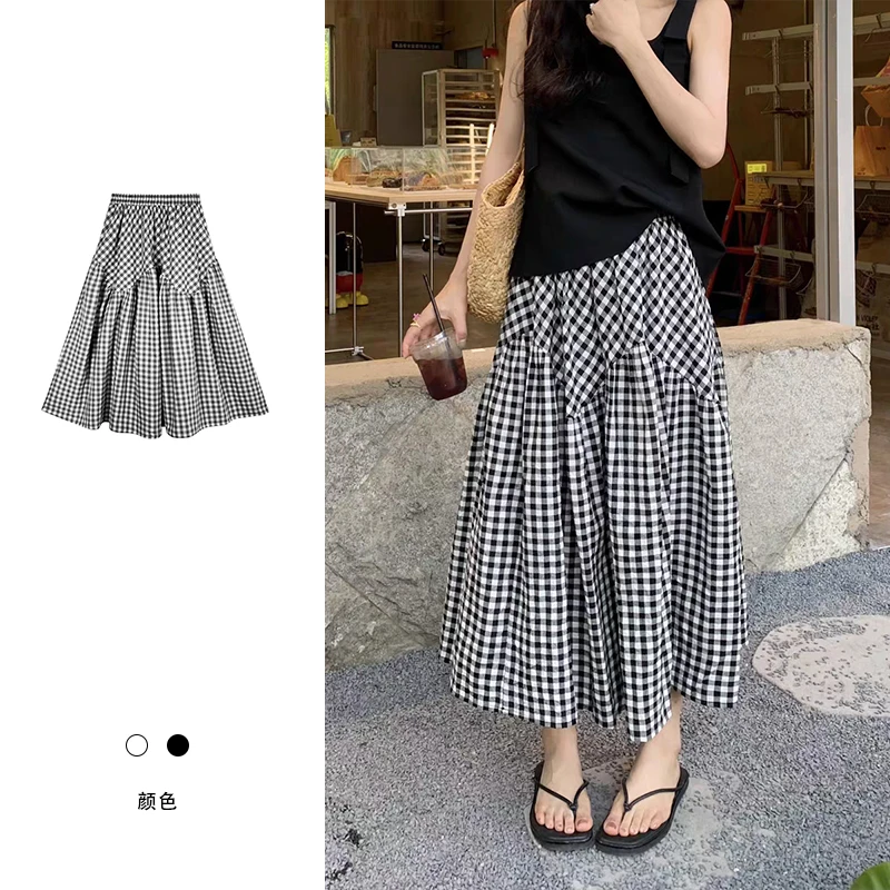 现货【复古黑格A字半身裙女高腰显瘦伞裙 H001】