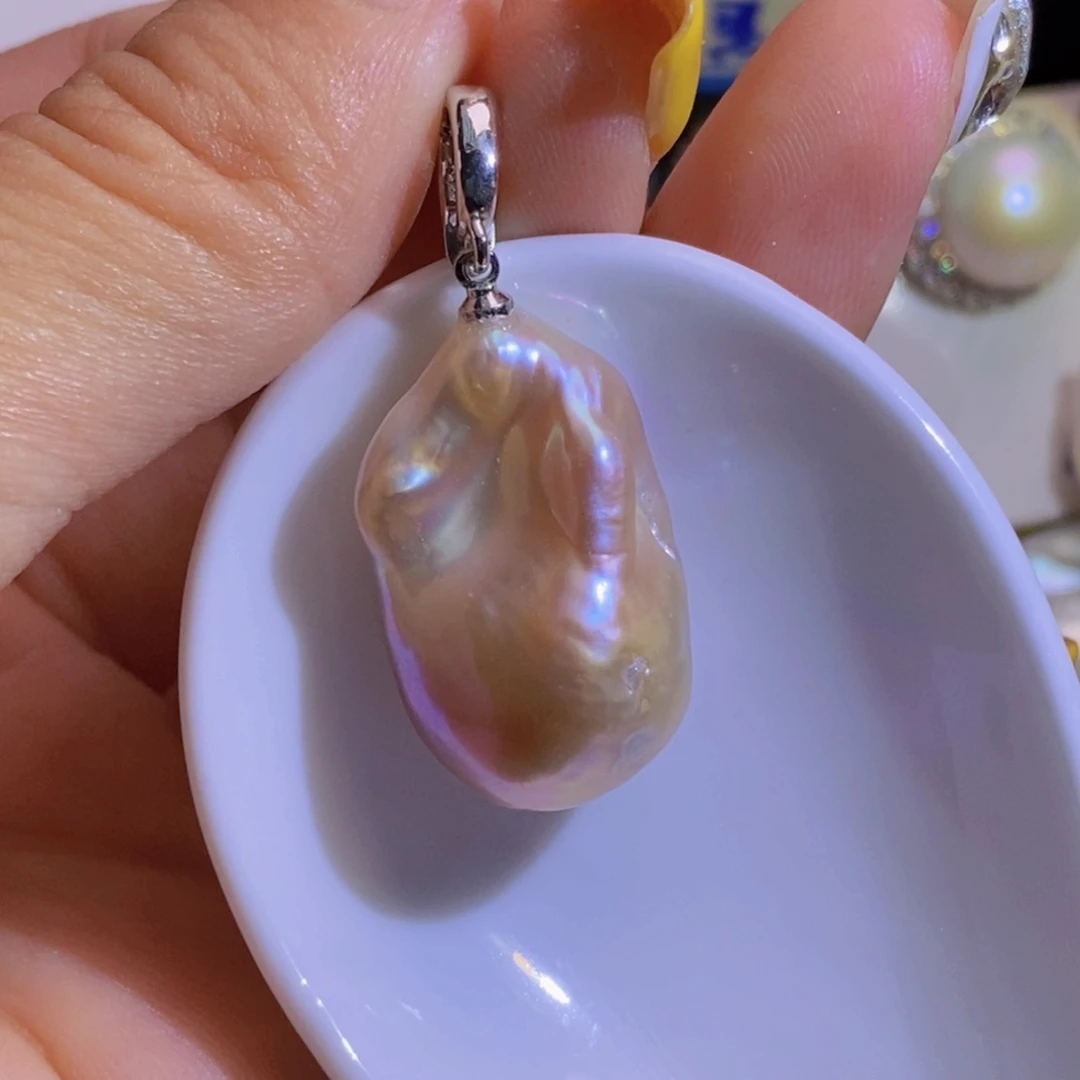 银S925镶嵌淡水珍珠天然珍珠无染色，无优化