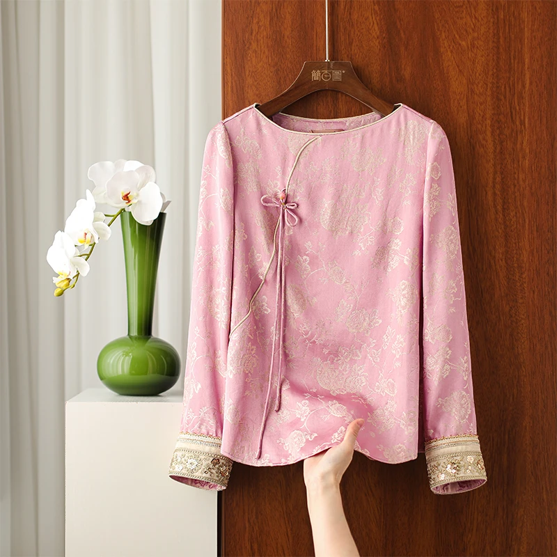 简百图-VV【粉莲】提花重工新中式莲红粉遮肉上衣气质百搭时尚衬衫