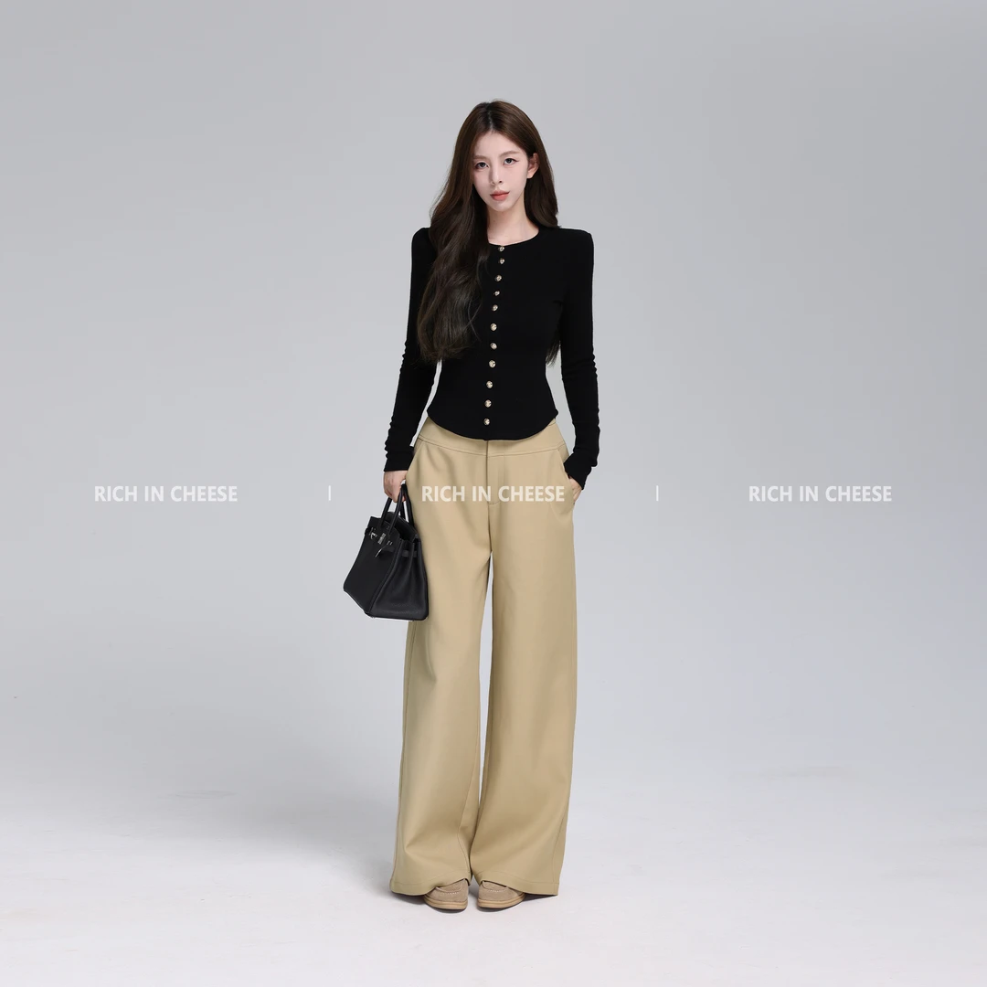 RICHINCHEESE  黑金美学 金属扣气质百搭显瘦长袖针织开衫上衣