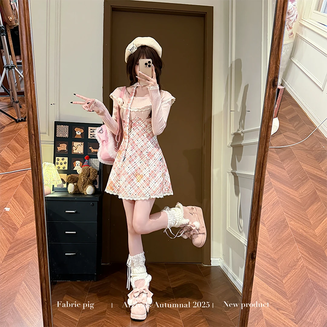 粉莓奶糖 织物猪原创 甜美风约会穿搭波点假两件连衣裙女冬季针织
