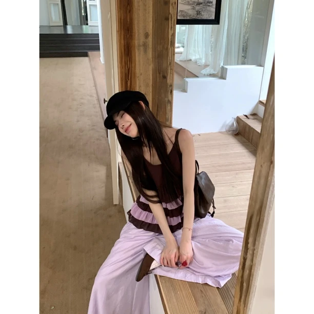 【赵小小&岛上书店】28870 拼色假两件吊带短袖韩系裙摆通勤上衣女