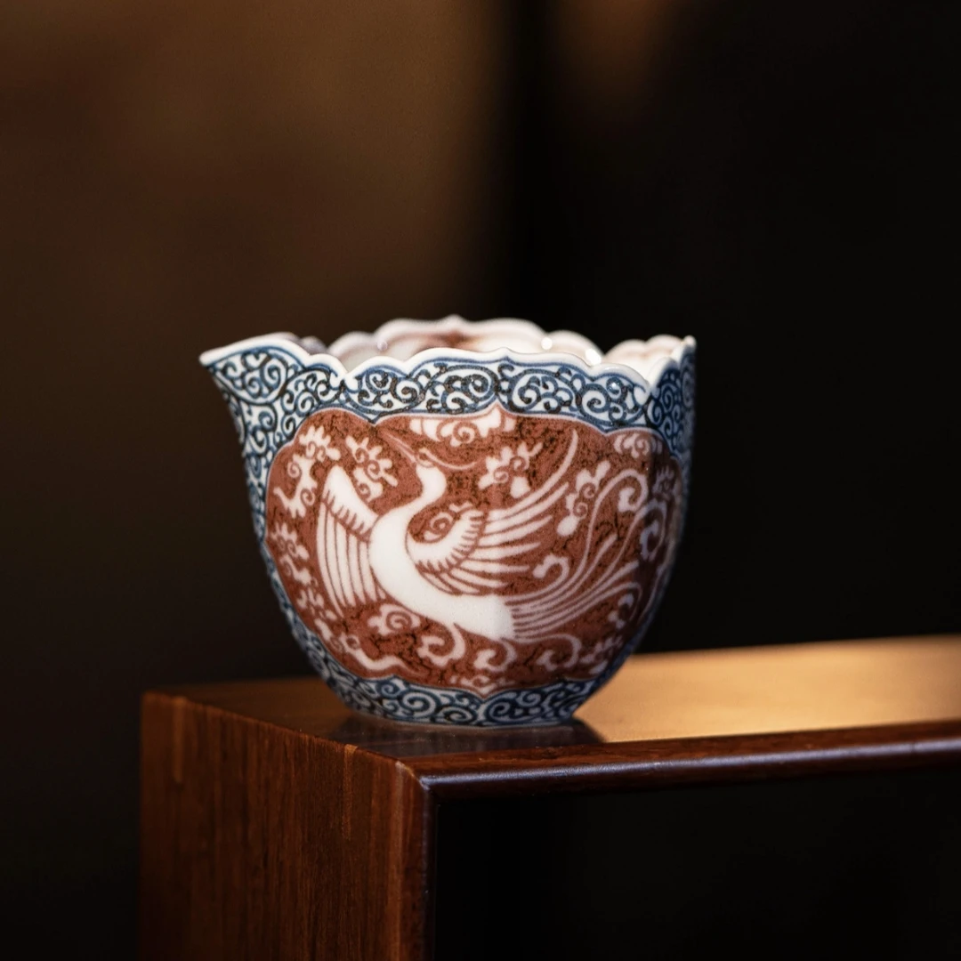 青花釉里红太阳鸟公道杯