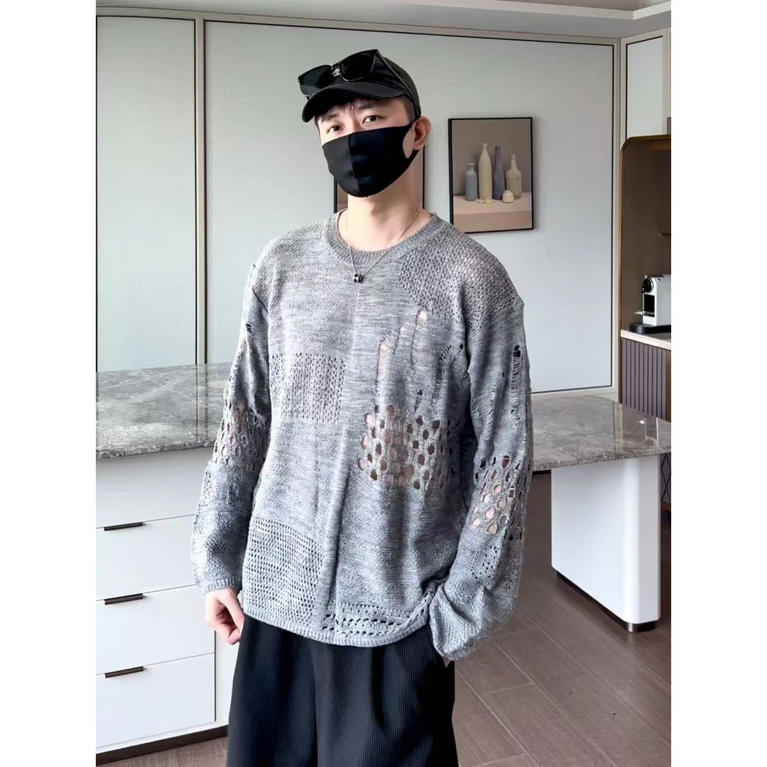 大圣圣 秋季法式浪漫破洞设计宽松慵懒长袖针织百搭毛衣男BIN 268