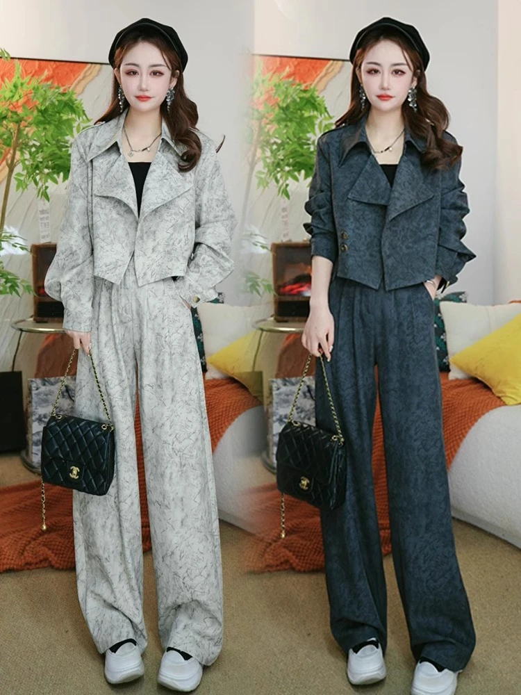 时尚宽松休闲水墨画洋气时髦套装女春季新款短款外套阔腿裤两件套