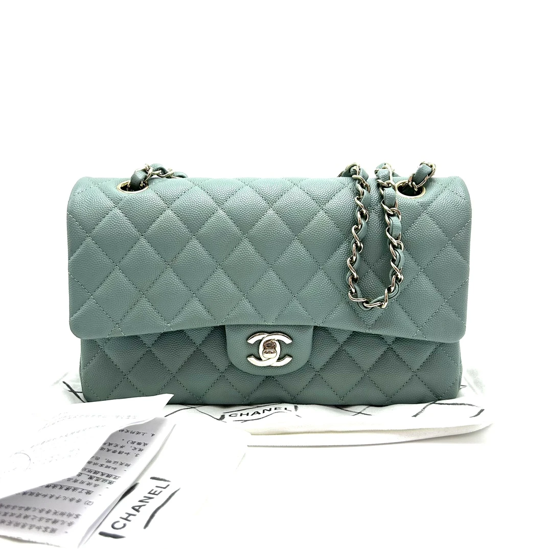 99新 Chanel/香奈儿 CF中号莫兰迪绿银扣荔枝牛单肩斜挎包 31580