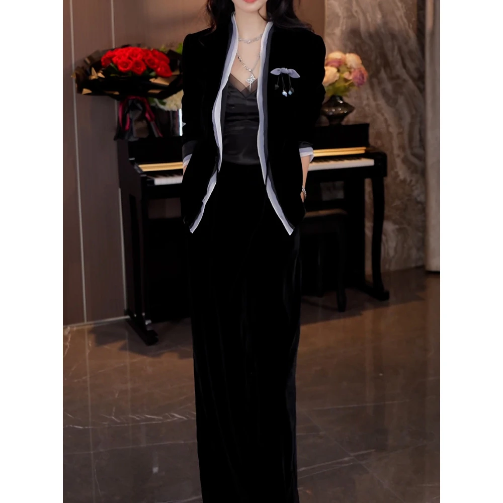 时尚洋气丝绒裤套装女2025秋季新款撞色拼接韩系通勤款上衣+裤子