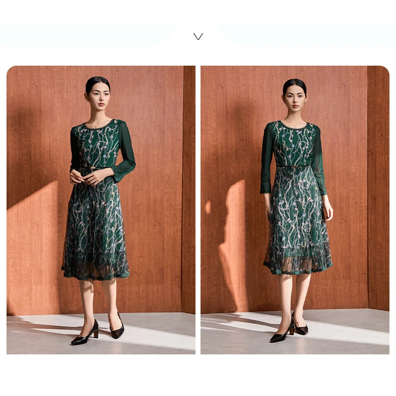 马天奴春夏季蕾丝气质轻奢显瘦印花修身绿色连衣裙VDA102DRX0