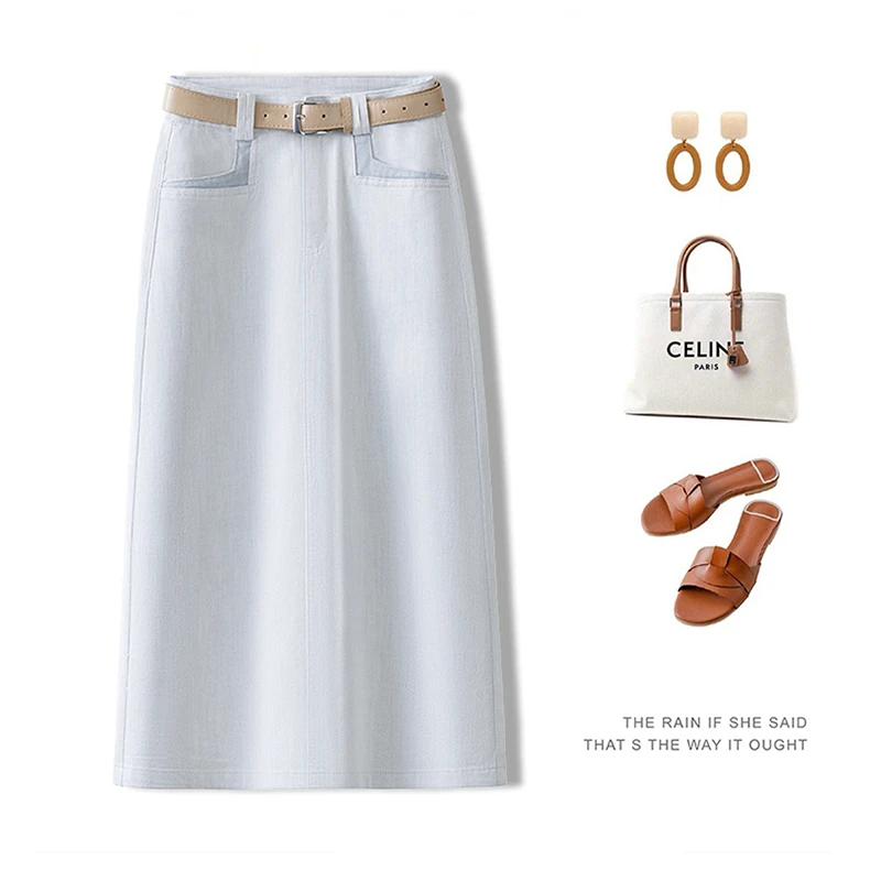 天丝牛仔裙薄款夏季新款显瘦中长款半身裙开叉直筒裙莫兰迪灰色