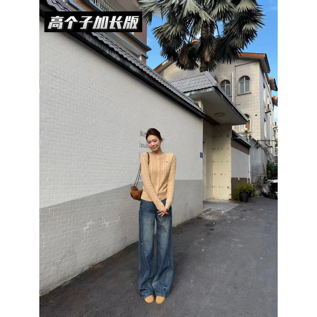 48H【立体结构裤】加长加绒重工水洗放射猫须立体分割牛仔裤25397