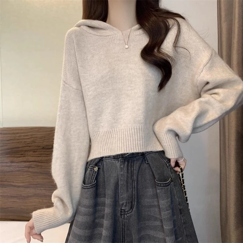 2025秋冬新款连帽针织衫女短款宽松小个子带帽毛衣百搭显瘦打底衫