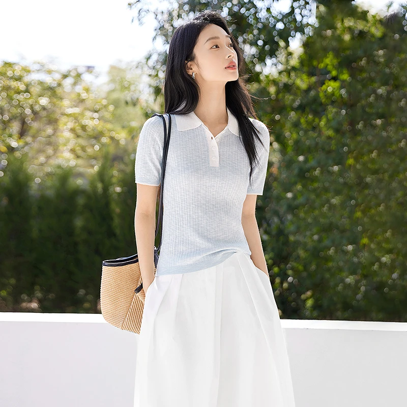 【亚美专属】D01对白蓝色POLO领针织衫短袖T恤独特漂亮上衣FDO022