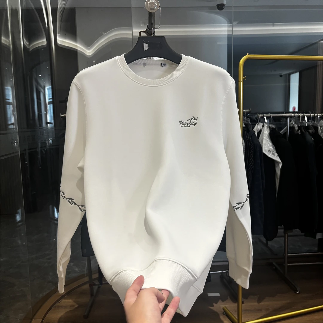 【H家】空气棉！宽松舒适！秋冬新款简约百搭白色刺绣加绒长袖卫衣男