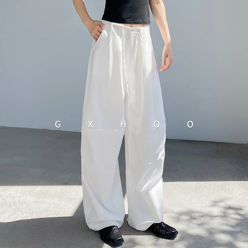 GXHOO美式皱设计感休闲裤阔腿裤女春秋宽松长裤高腰拖地弯刀裤冬